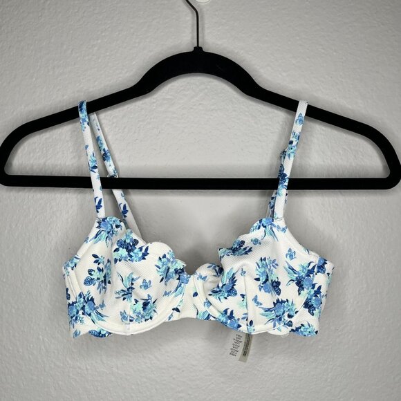 Victorias Secret Floral Underwire Swim top 32A Blue & White Scalloped trim - Picture 2 of 12